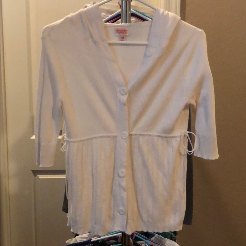 3/4 sleeved cream button front hooded cardigan